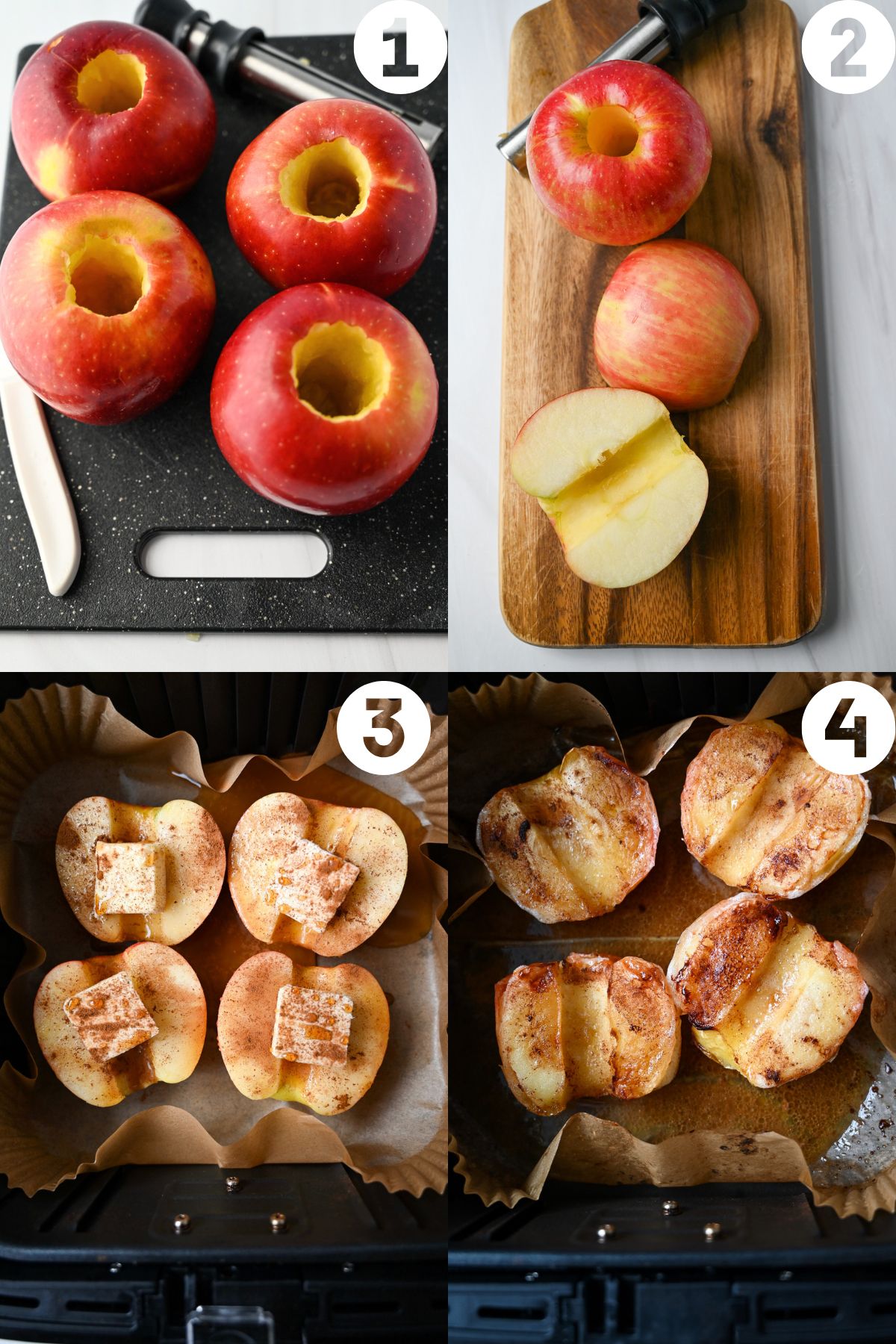 steps to make air fryer apples: cored and sliced, in the air fryer basket seasoned in a parchment liner, in a cider bath