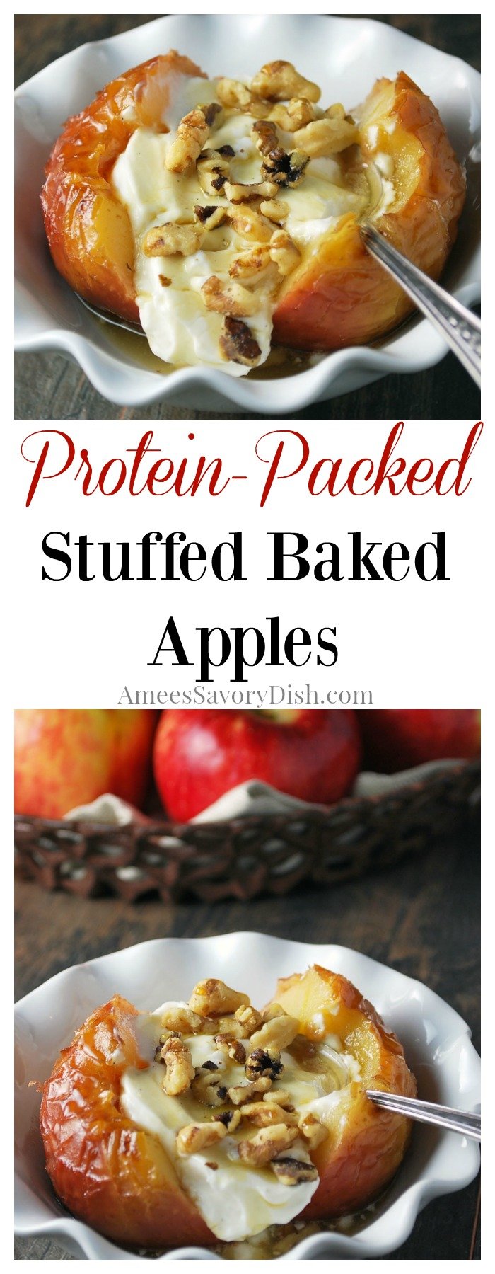 Protein-Packed Stuffed Baked Apples are a deliciously easy dessert made with apples, yogurt, nuts and maple syrup.