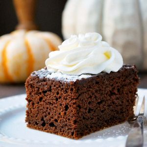 pack up disclose of nick of pumpkin chocolate cake with whipped cream on high  Pumpkin Chocolate Cake Pumpkin choc cake feature  300x300