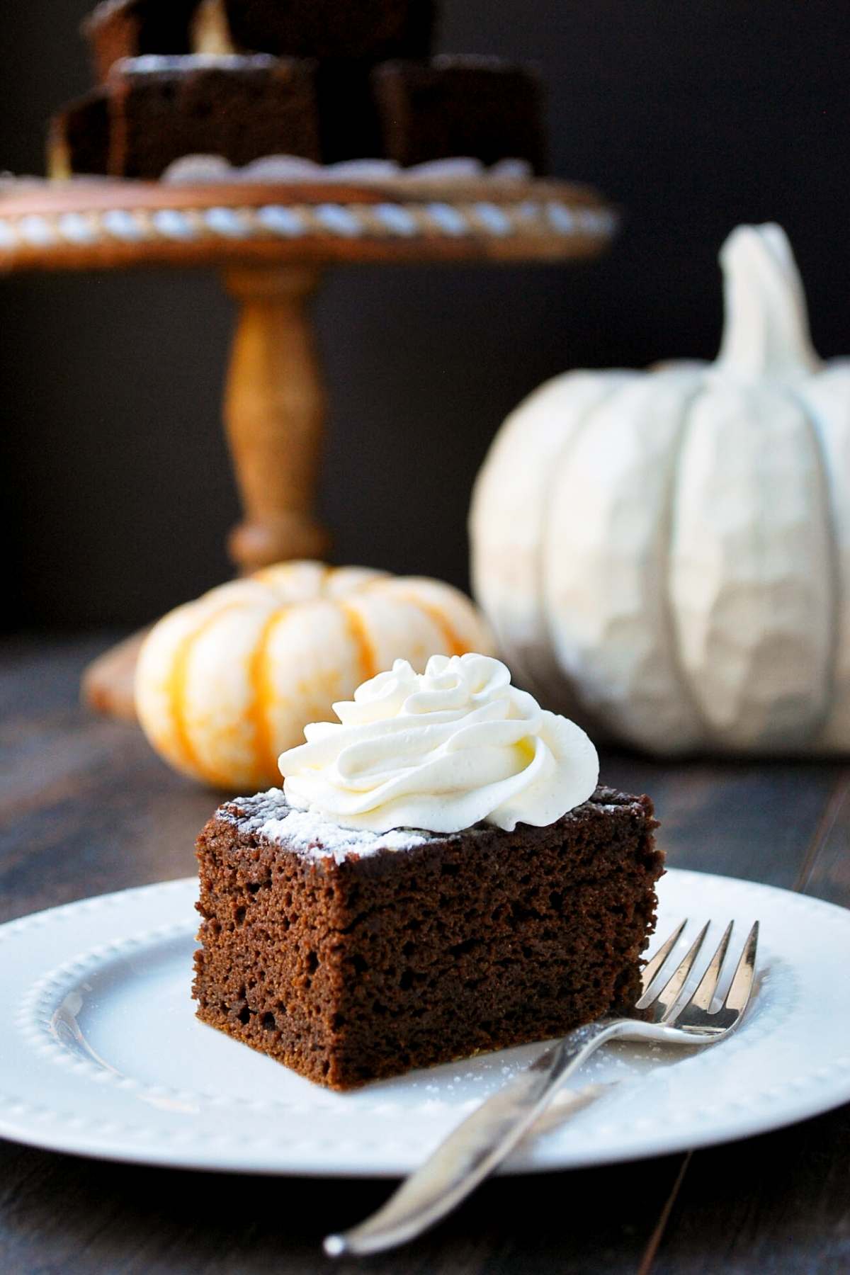 a nick of pumpkin chocolate cake on a plate topped with powdered sugar and whipped cream with pumpkins in the background  Pumpkin Chocolate Cake Pumpkin choc cake post 1