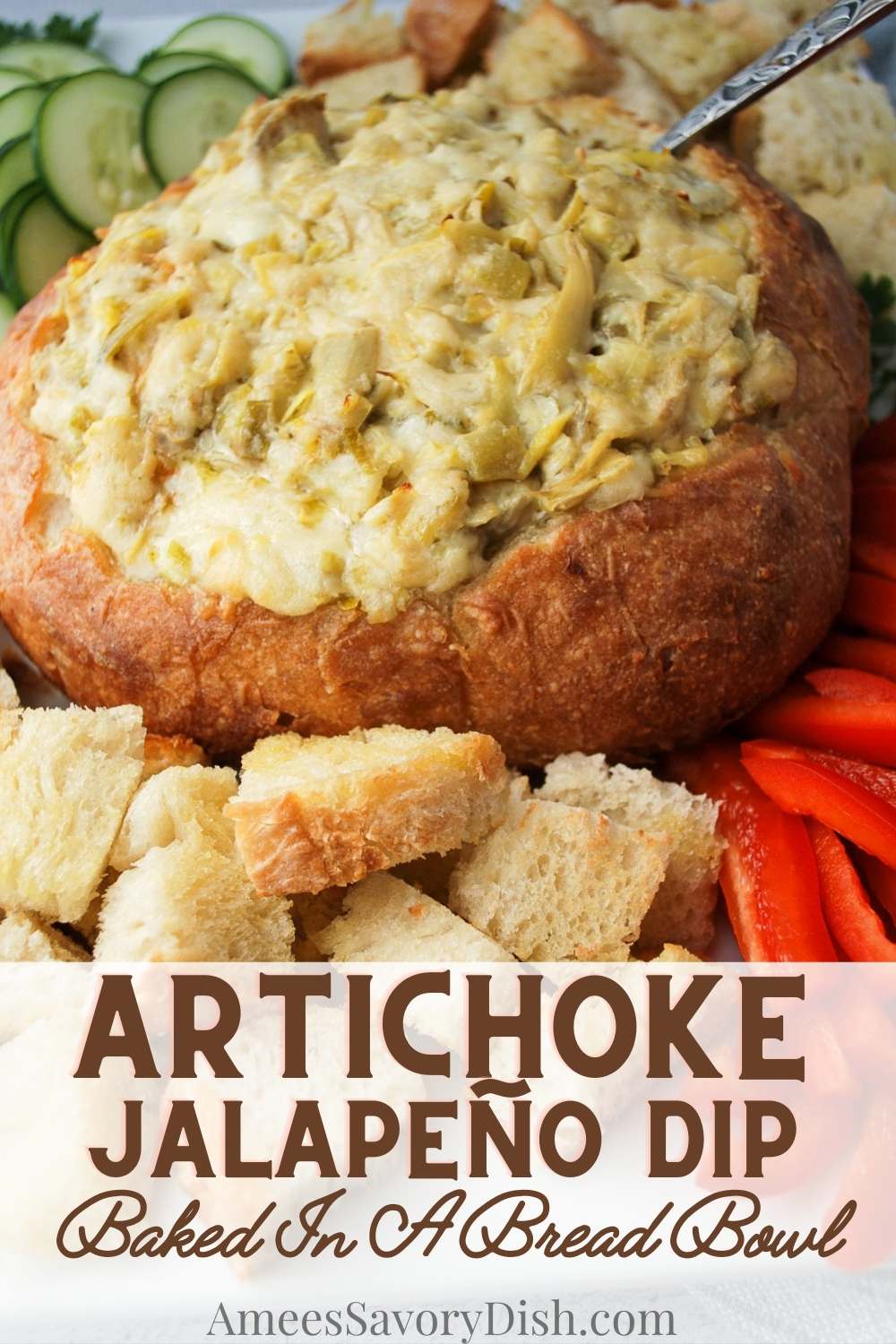 This hot Artichoke Jalapeño Dip is creamy, cheesy, and perfect for sharing with friends on game days. Pickled jalapeños give this dip a mild kick that will have everyone going back for seconds. via @Ameessavorydish