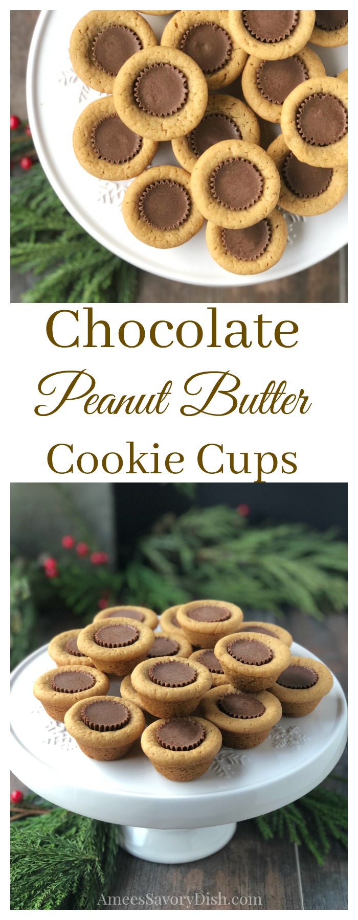 Chocolate Peanut Butter Cookie Cups recipe #chocolate #peanutbutter #peanutbuttercookie #holidaybaking #holidaycookierecipe #cookies #cookierecipe via @Ameessavorydish