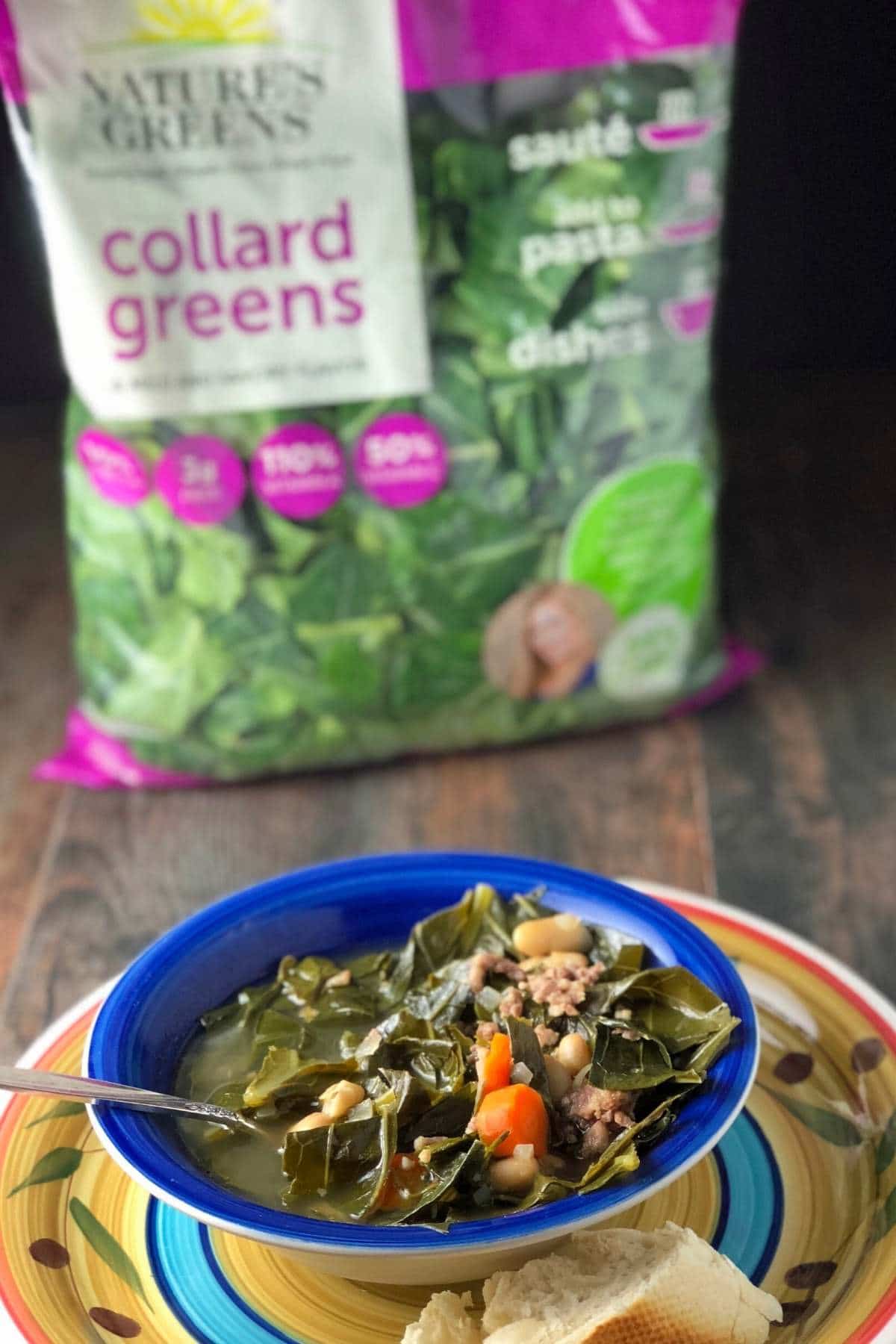 bag of Nature's Greens collard greens behind a bowl of soup