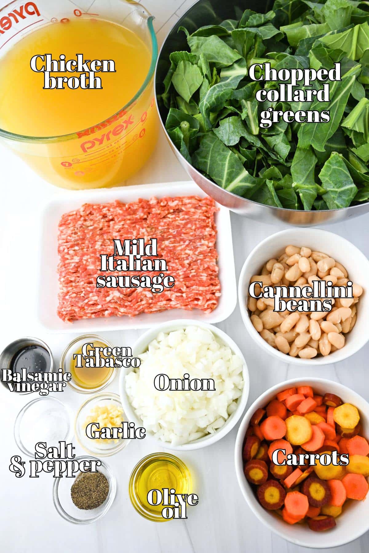 collard green soup ingredients measured out on a counter