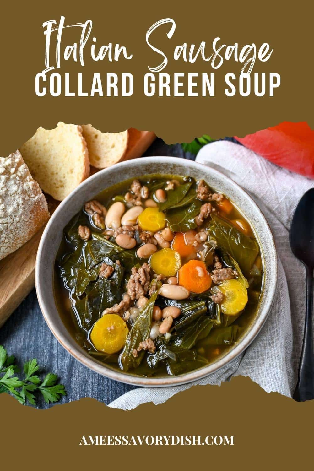 Warm up with a comforting bowl of Collard Green Soup with savory Italian sausage, white cannellini beans, and aromatic veggies. Stove-top, slow cooker, and Instant Pot instructions included. via @Ameessavorydish