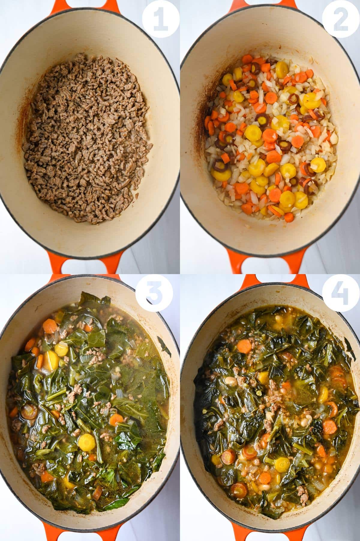 steps to make collard soup: browning sausage, cooking vegetables, and everything cooked in a dutch oven