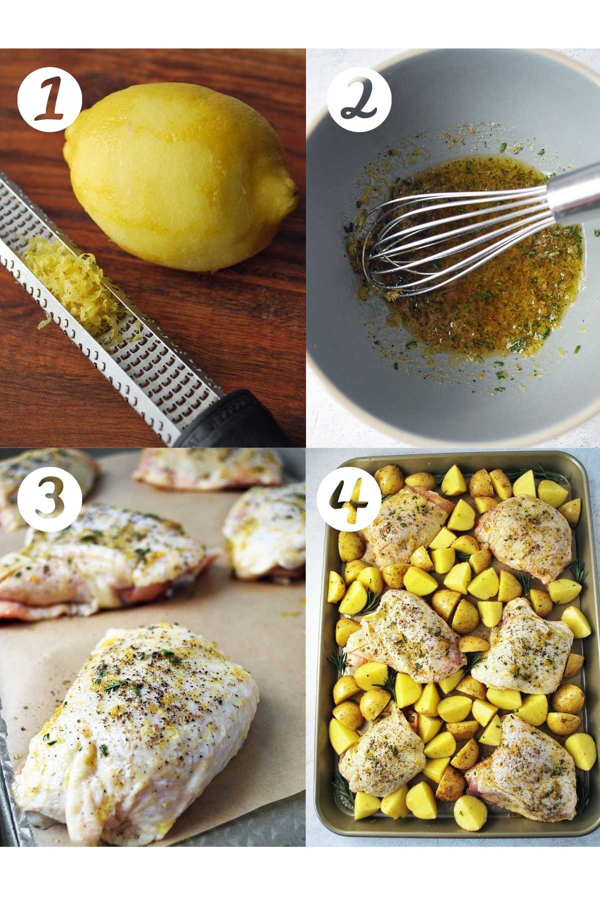 photo of the steps for making sheet pan chicken, zesting a lemon, mixing the dressing, basting the chicken and spreading into the pan