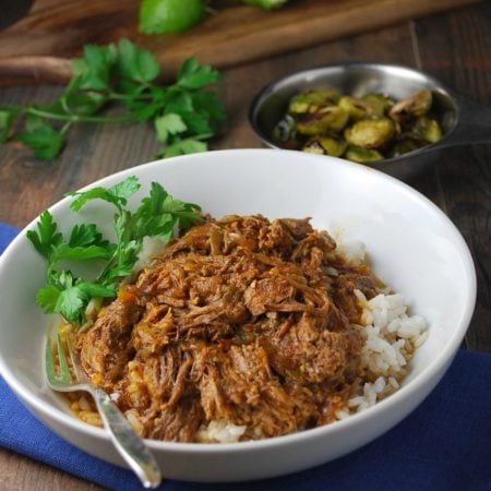 shredded beef over rice in a bowl with fresh herbs on the side