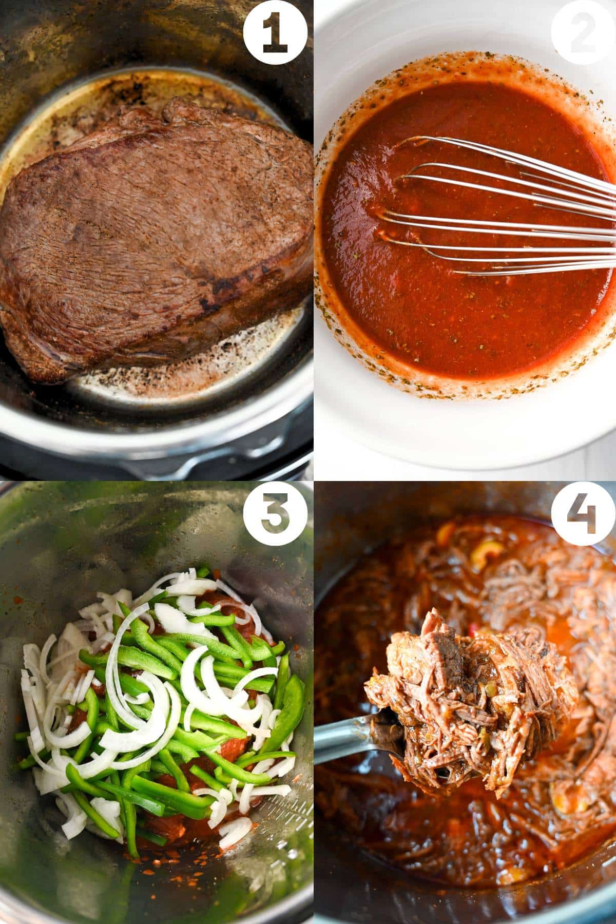 collage photo of beef searing in the IP, mixing the sauce, topped with veggies, and fully cooked shredded beef