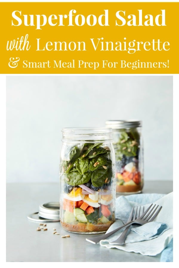 Salads in mason jars with text overlay description for Pinterest