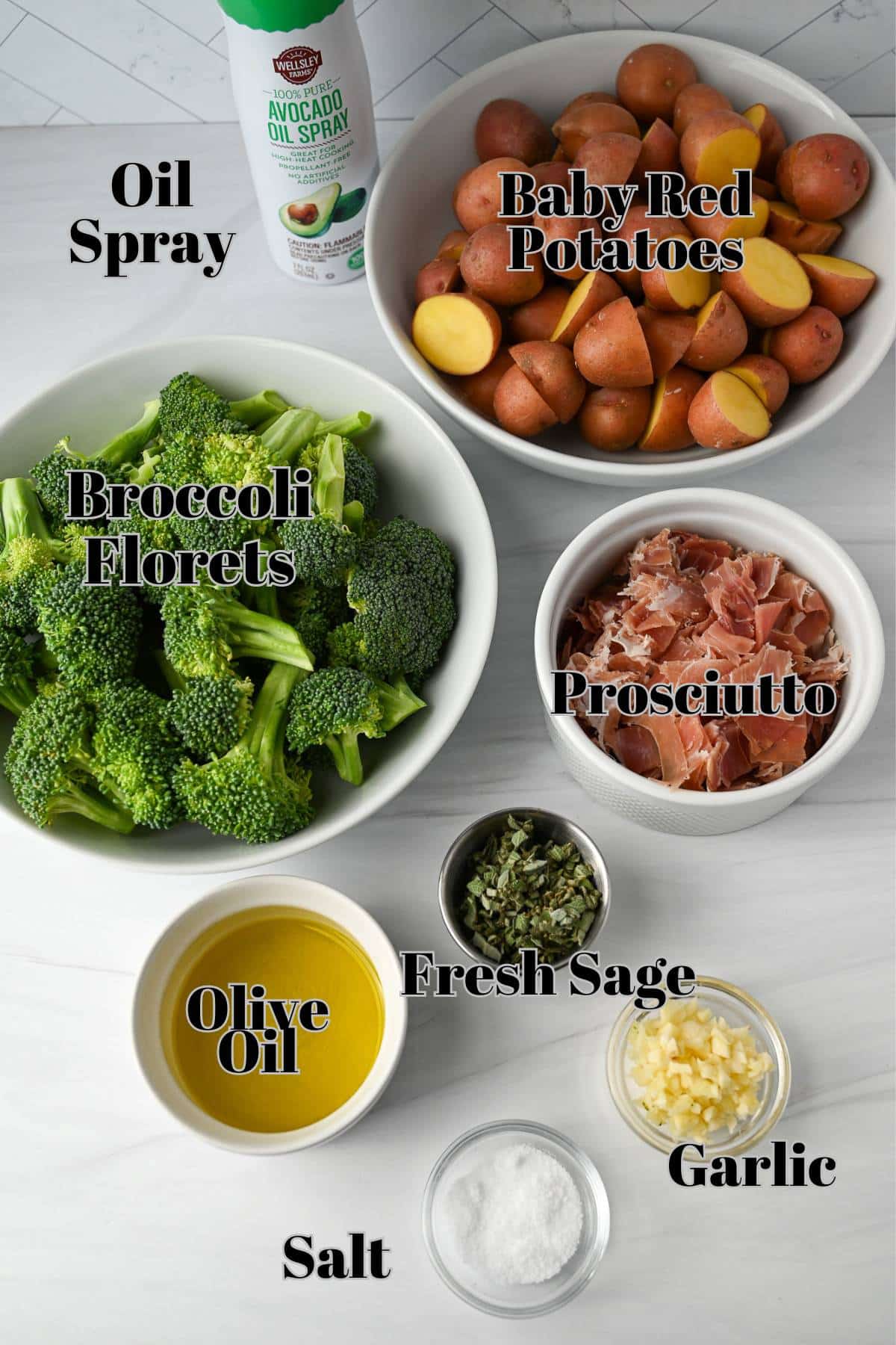 ingredients for making roasted potatoes and broccoli measured out on a counter