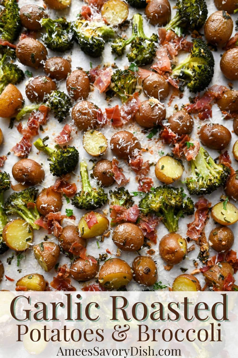 This Roasted Potatoes and Broccoli recipe showcases baby red potatoes and broccoli florets paired with garlic, herbs, and crispy prosciutto. via @Ameessavorydish