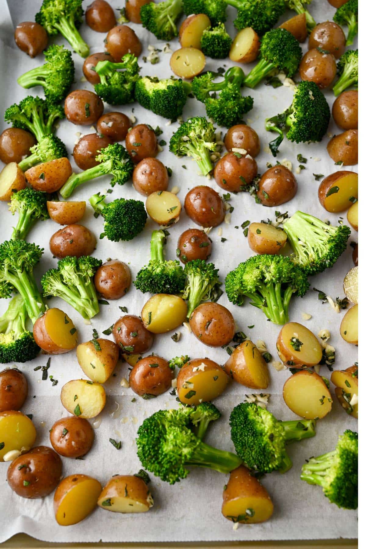 baby red potatoes and broccoli on a roasting pan ready to cook