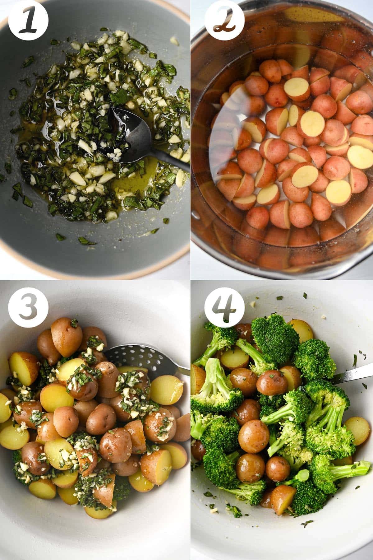 four step photos for making roasted potatoes and broccoli: mixing dressing, boiling potatoes, tossing veggies to coat