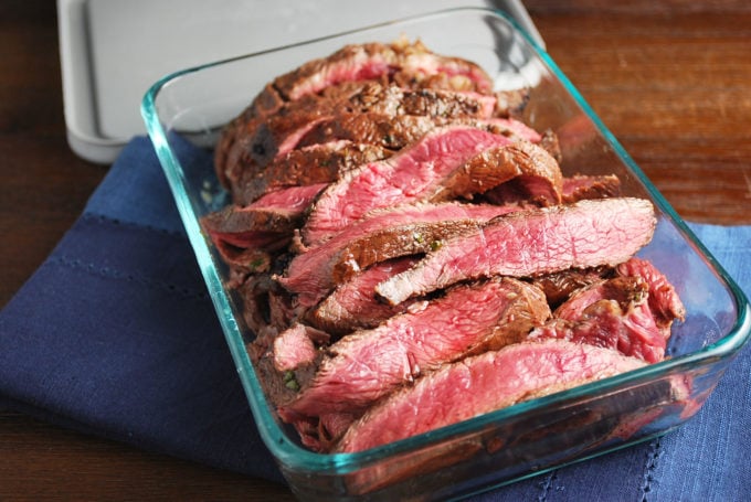 sliced steak in a meal prep dish