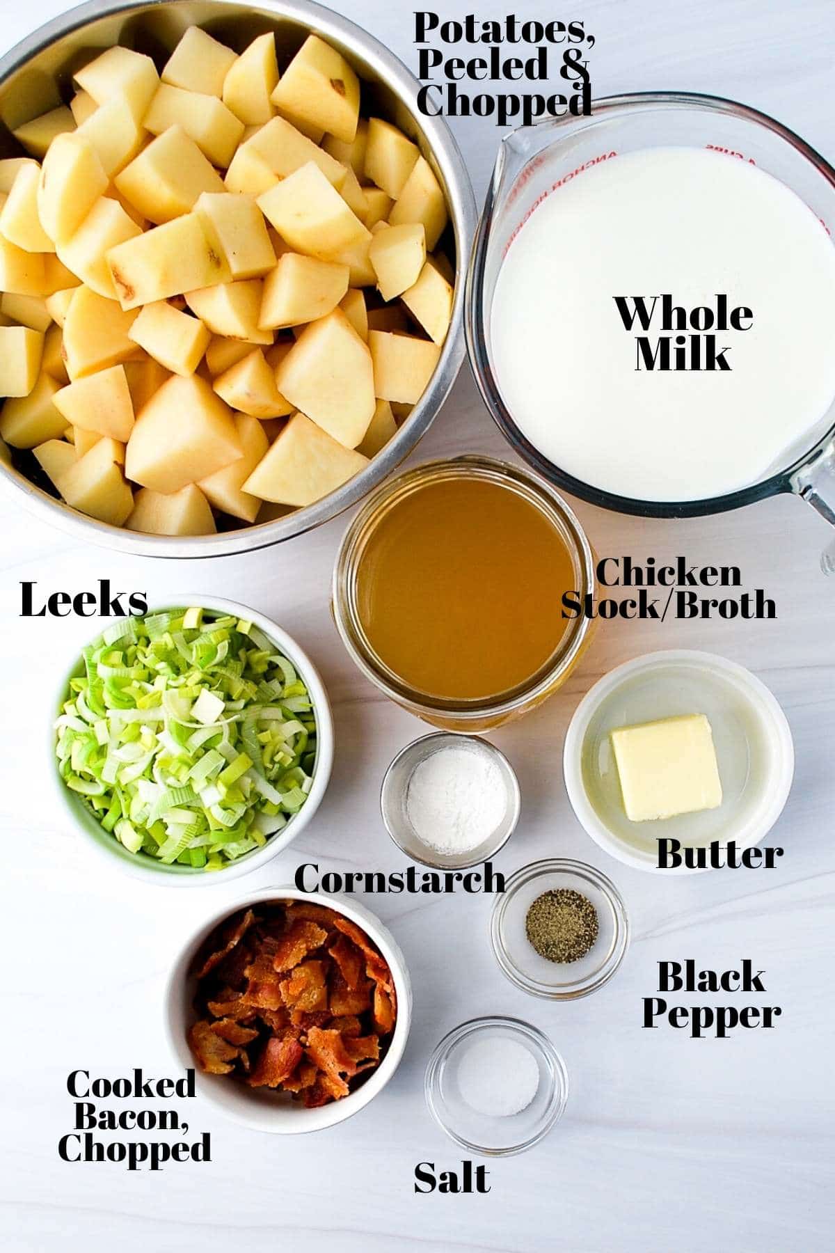 ingredients laid out on the counter for potato leek soup