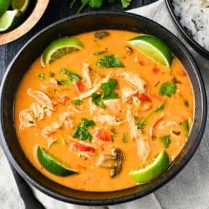 close up of a bowl of Thai chicken soup