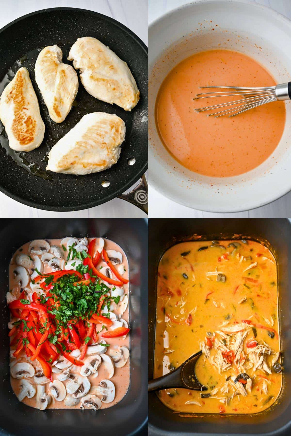 collage of searing chicken breasts in a skillet, mixing the broth, all ingredients in the crockpot and the finished dish