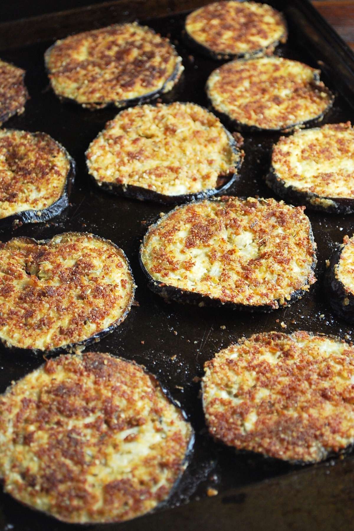 oven-fried crispy baked eggplant cooked and ready to serve
