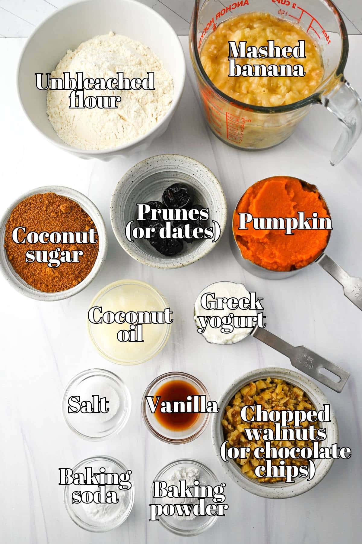 ingredients for eggless banana muffins measured out on a counter