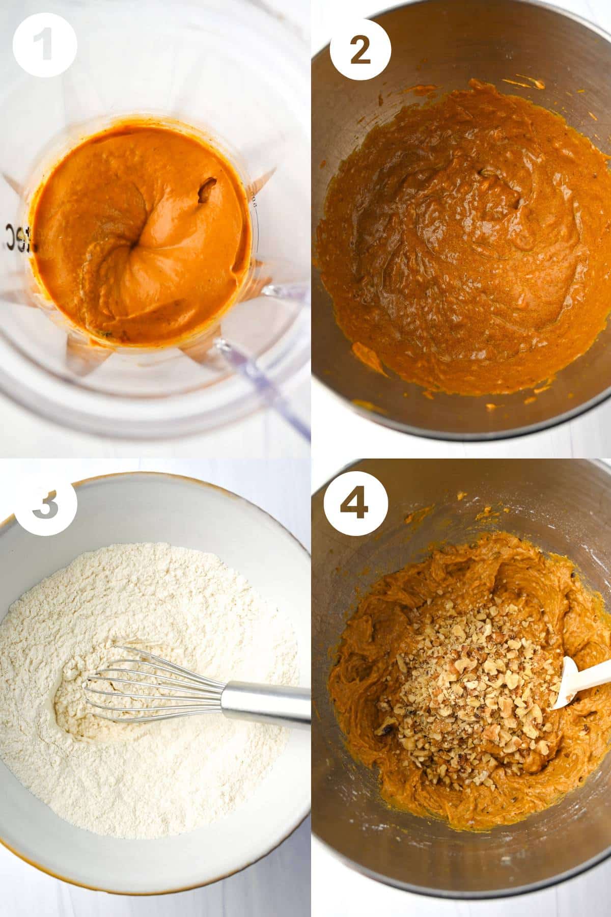 steps for making egg-free banana bread muffins- blending pumpkin and yogurt, mixing with wet ingredients, mixed dry ingredients and stirring in nuts