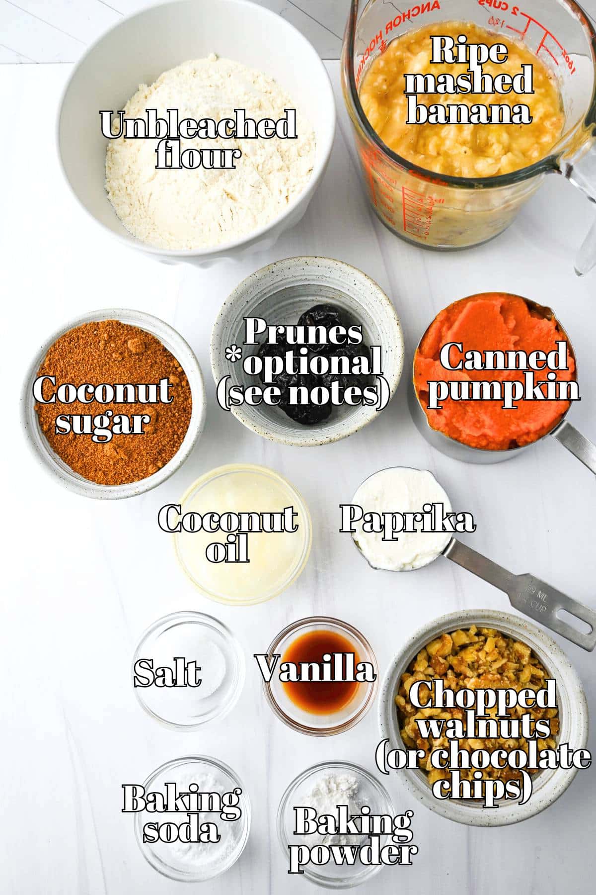 ingredients for eggless banana muffins measured out on a counter