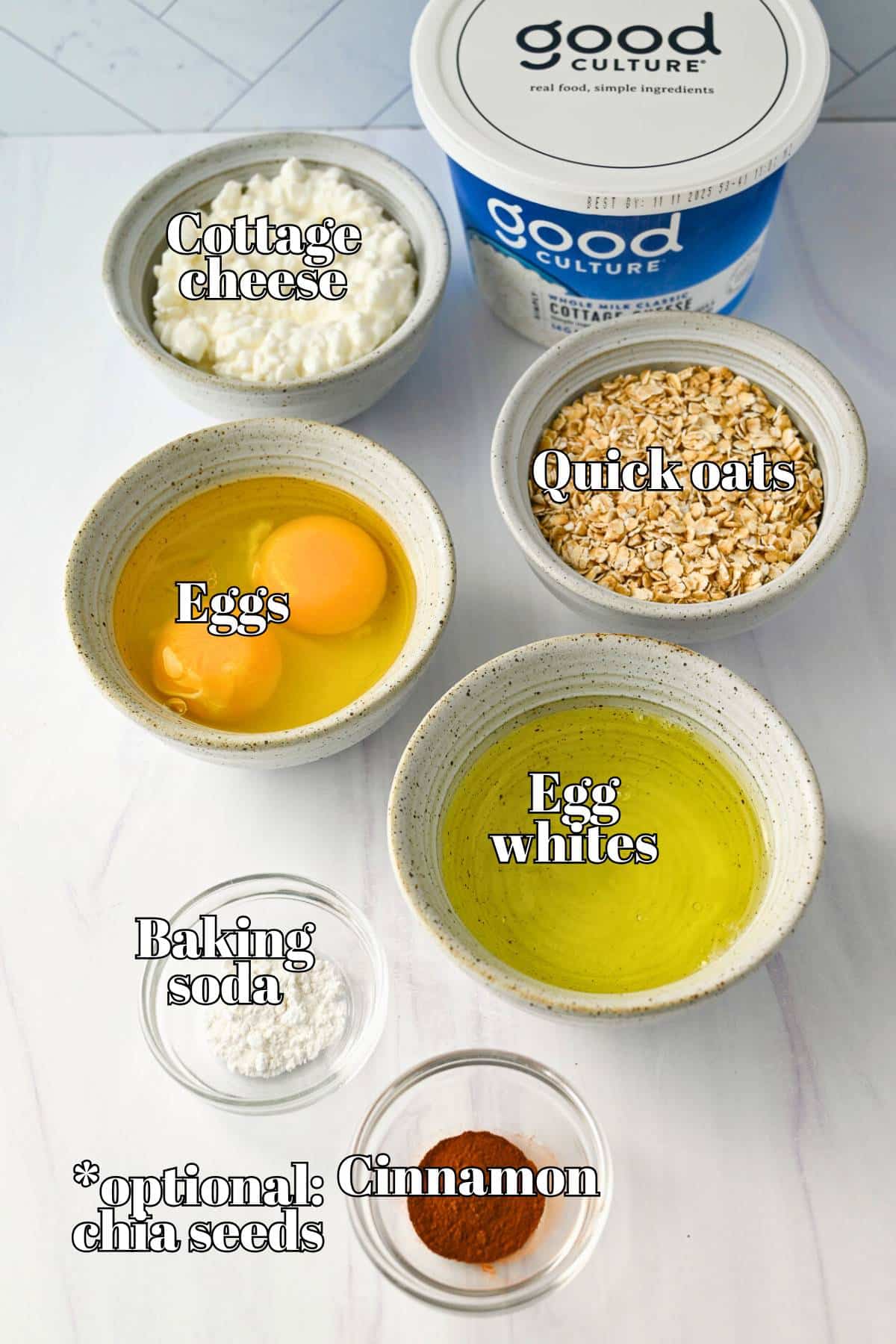 ingredients to make oatmeal cottage cheese pancakes measured out on a counter
