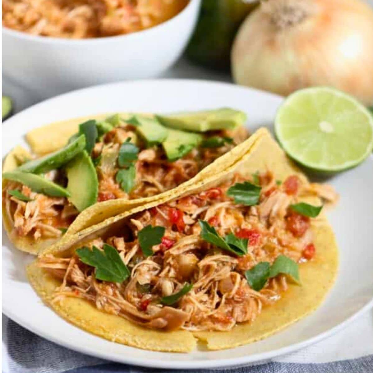 instant pot salsa chicken shredded on a soft corn tortilla 