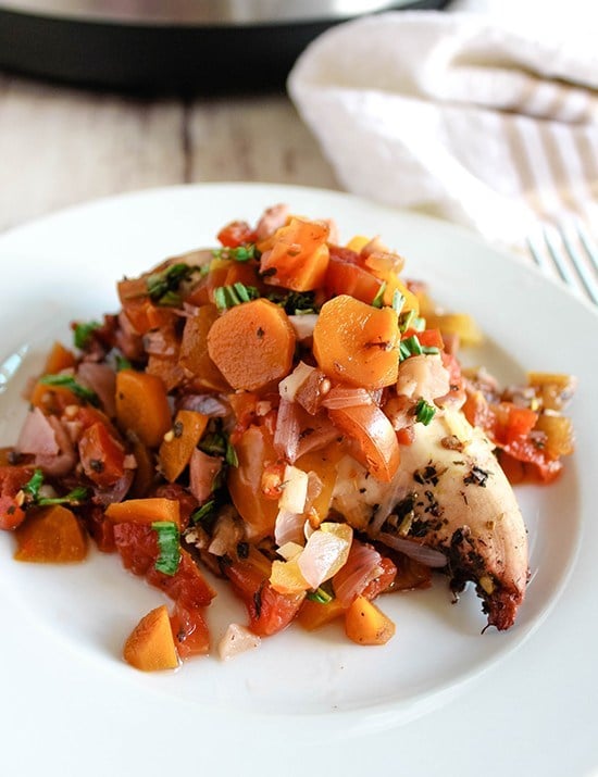 Chicken with red wine and garden vegetables on a plate