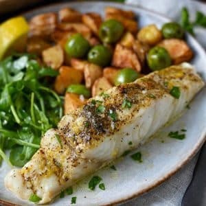 close up of air fried halibut on a plate with potatoes, olives, and fresh arugula