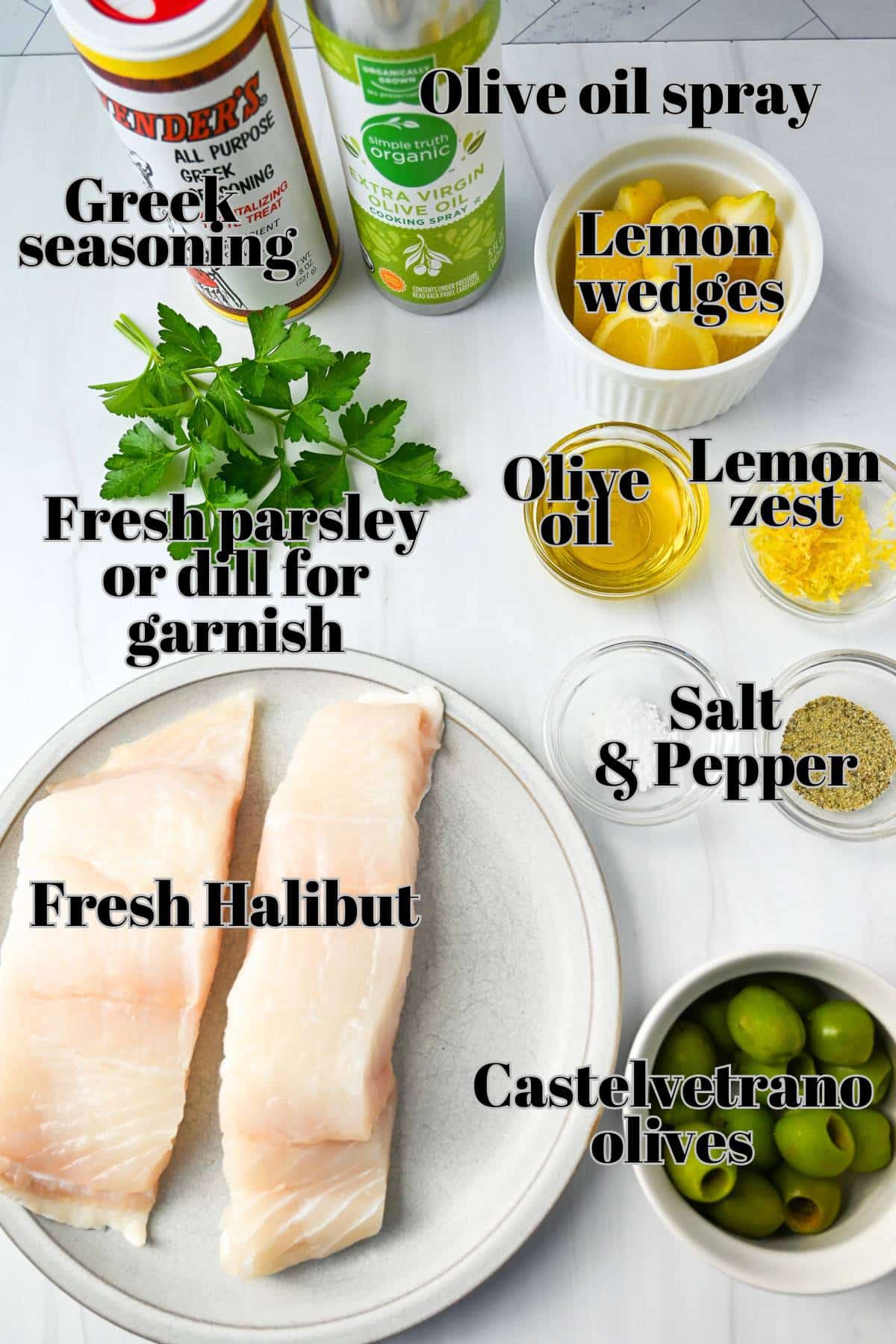 ingredients for air fried halibut measured out on a counter