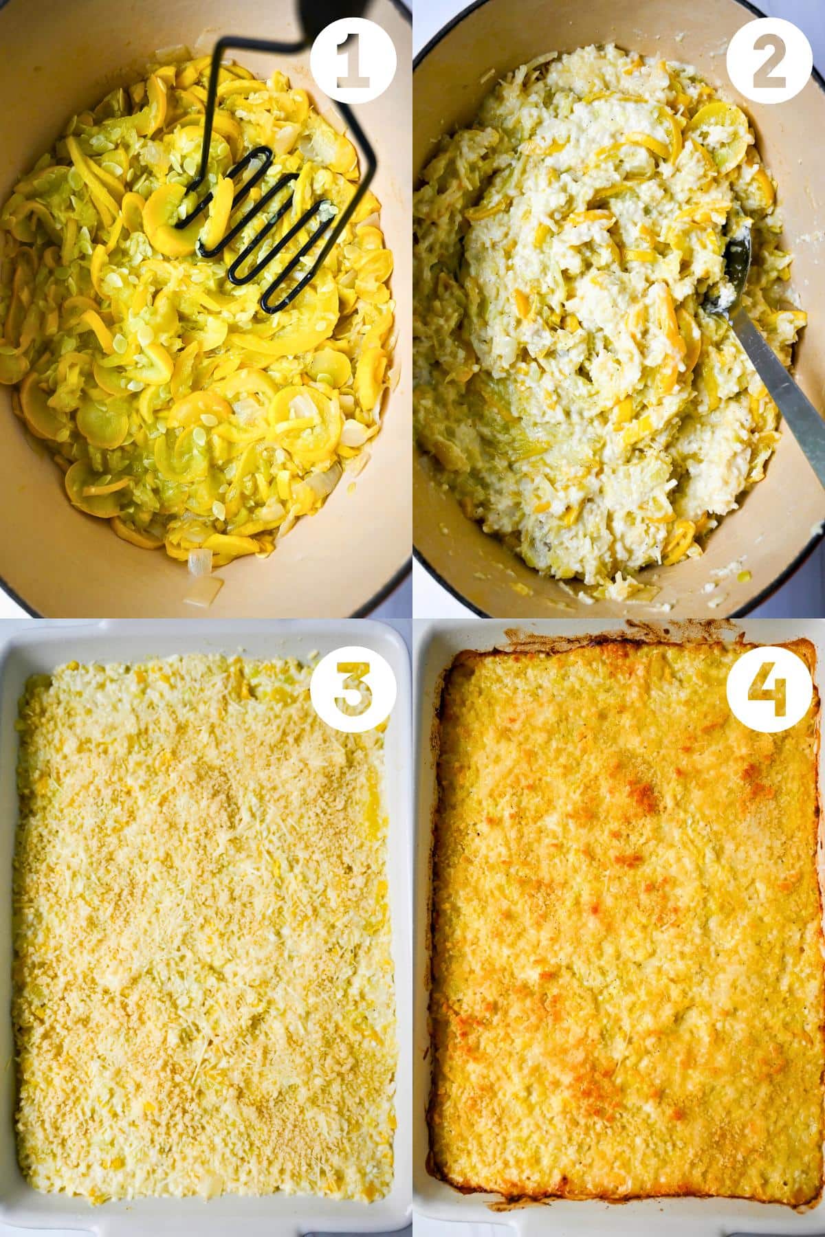 step photos for assembling keto squash casserole- mashing squash, stirring ingredients and assembled in dish