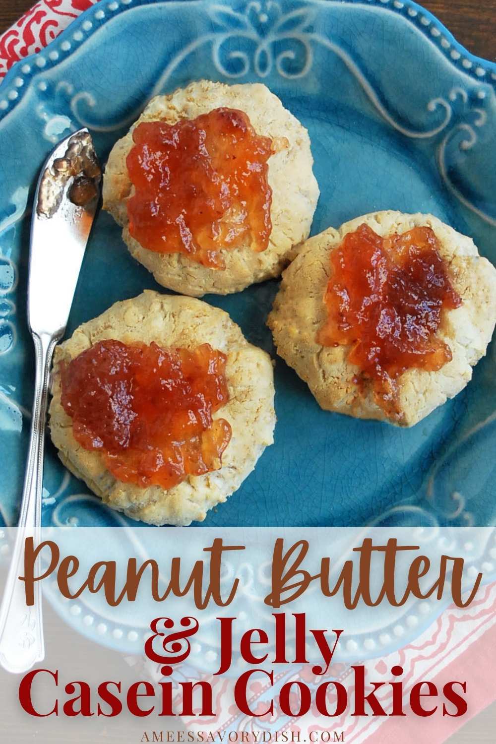 Peanut Butter and Jelly Casein Protein Cookies are a delicious and easy gluten-free protein cookie made with creamy peanut butter and all-fruit preserves. #caseinrecipe #proteincookies #proteindessert via @Ameessavorydish