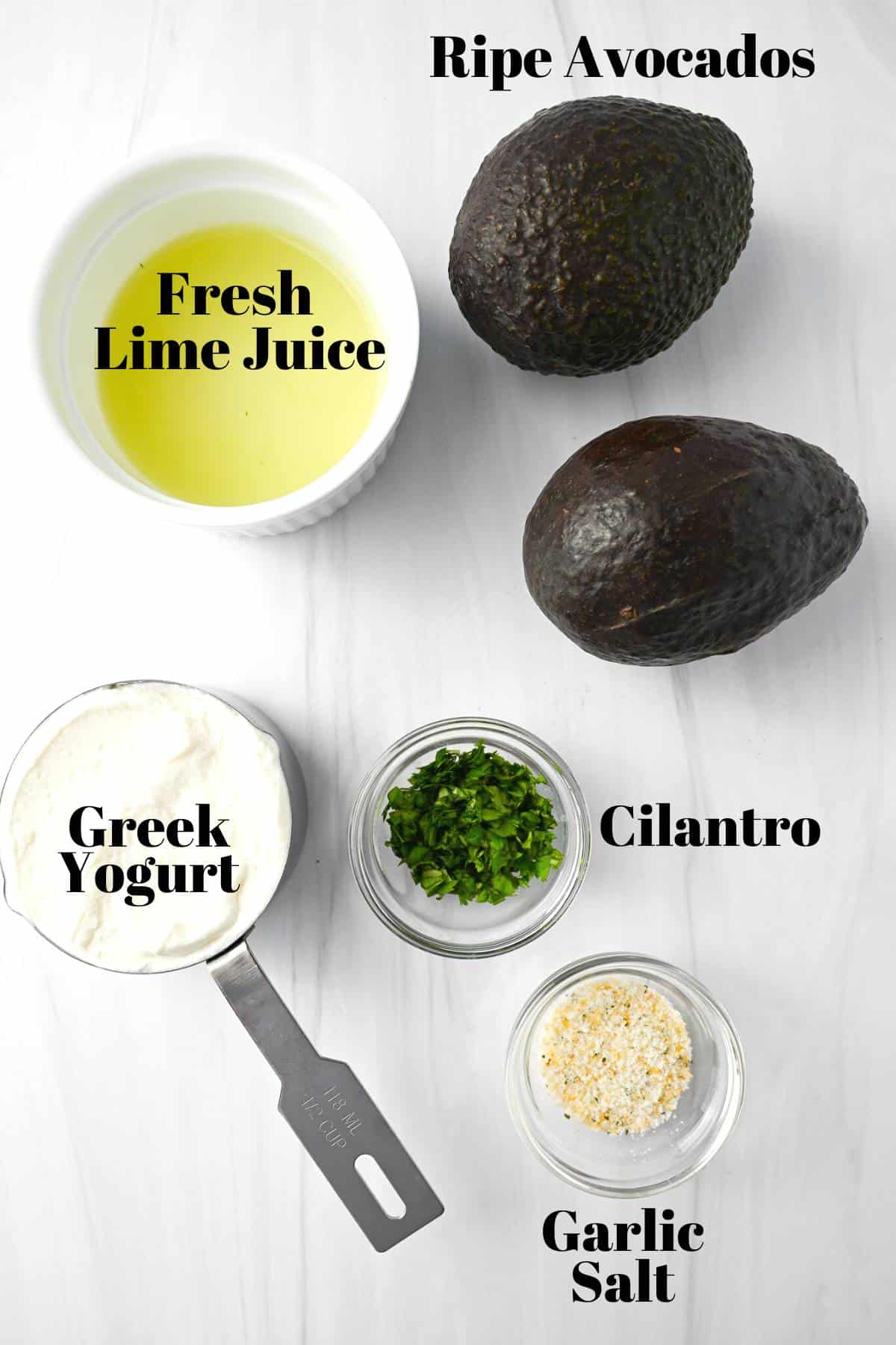 ingredients for avocado yogurt dip measured out on a counter