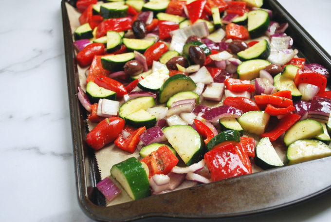 Roasted vegetables on a baking sheet