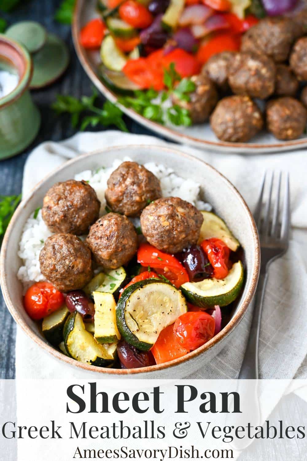 Juicy Greek meatballs with colorful roasted veggies, perfect for healthy meal prep and stress-free weeknight dinners. Ready in 30 minutes or less. via @Ameessavorydish