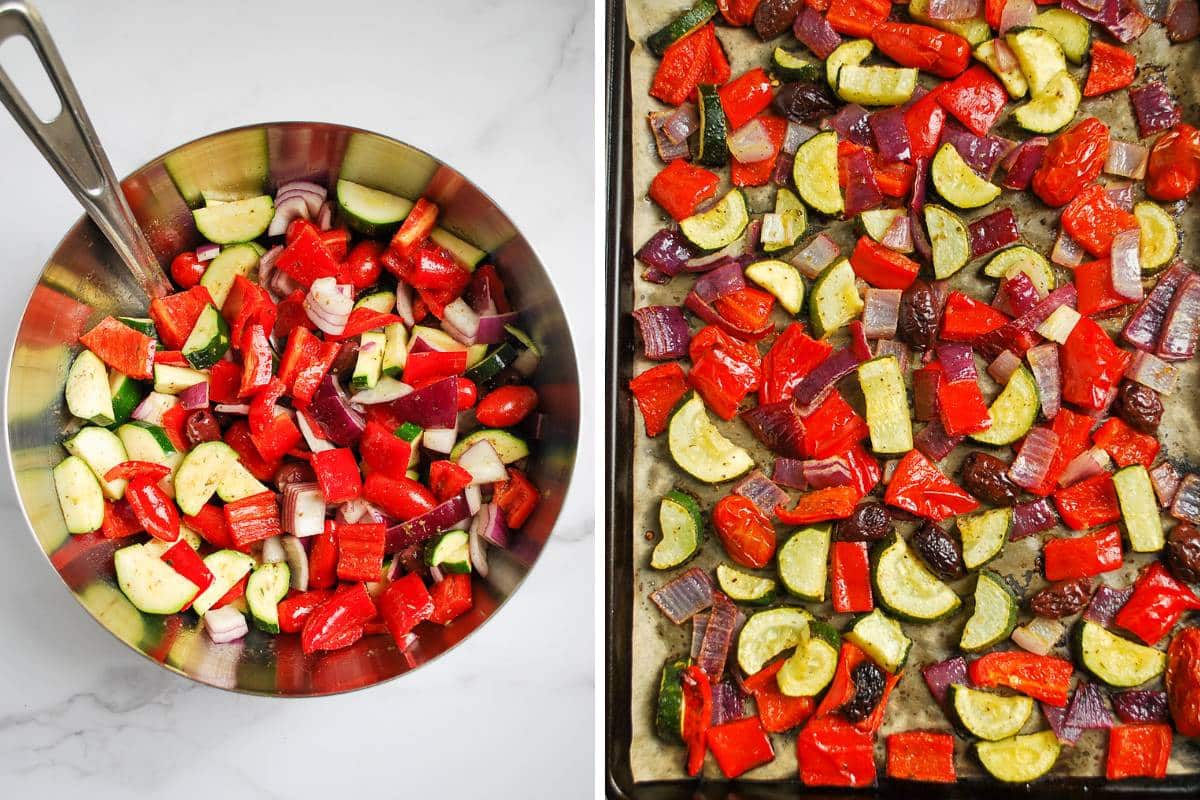 chopped veggies in a bowl and spread onto a pan