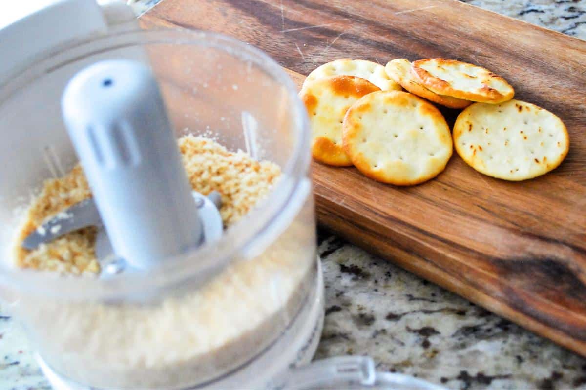 chopped pita crackers in a mini food processor