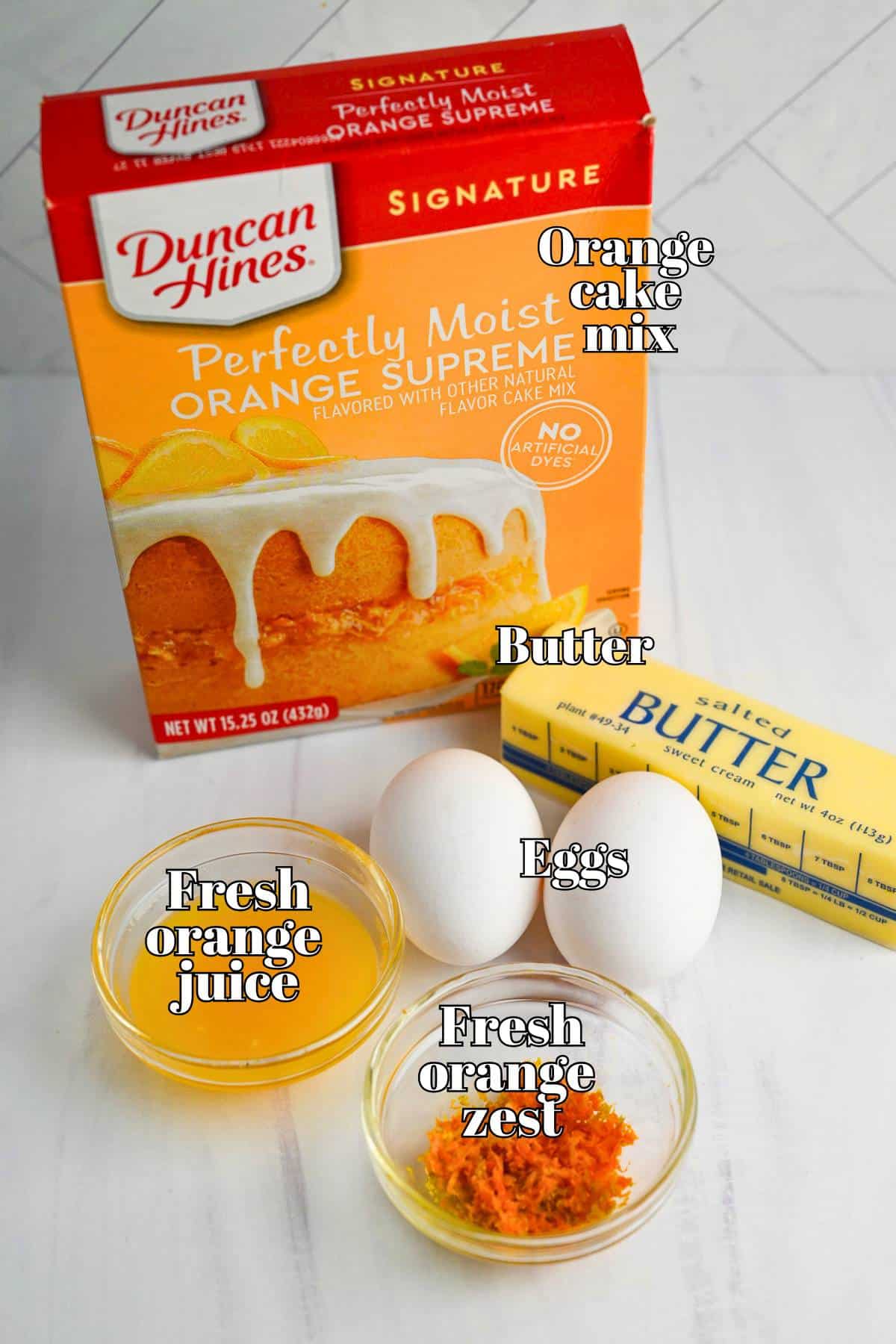 ingredients for orange cake cookies measured out on a counter