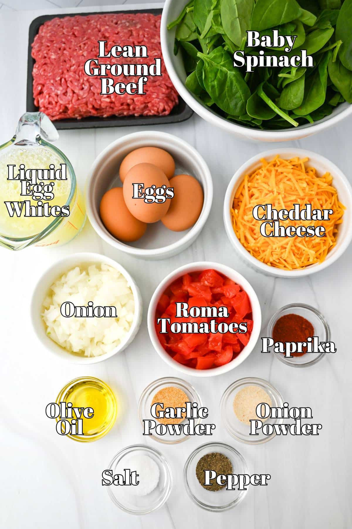 ingredients for a cheeseburger quiche measured out on a counter
