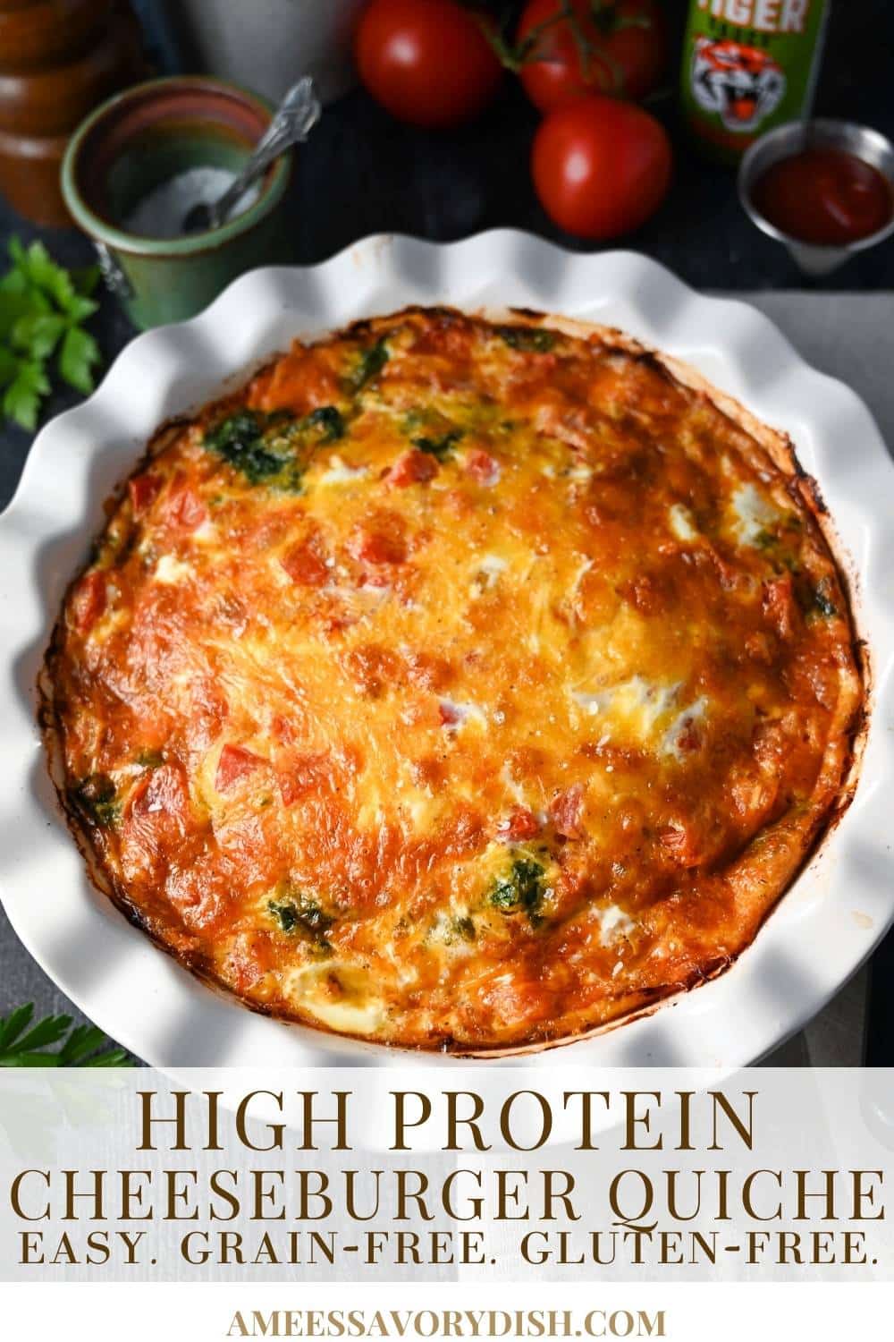 This High Protein Quiche features a cheeseburger-inspired filling loaded with lean ground beef, cheddar cheese, spinach, and tomatoes –perfect for breakfast meal prep or brunch! via @Ameessavorydish