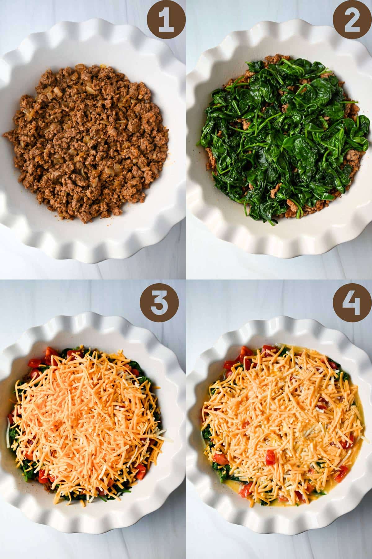 four steps of assembling a cheeseburger quiche in a pie dish