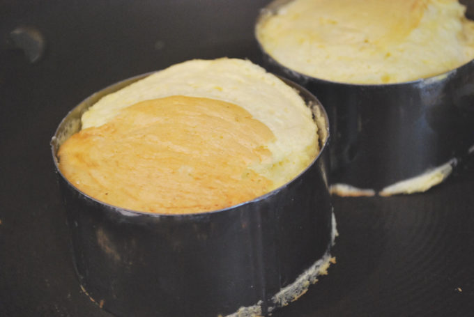 Japanese pancakes cooking in pastry rings