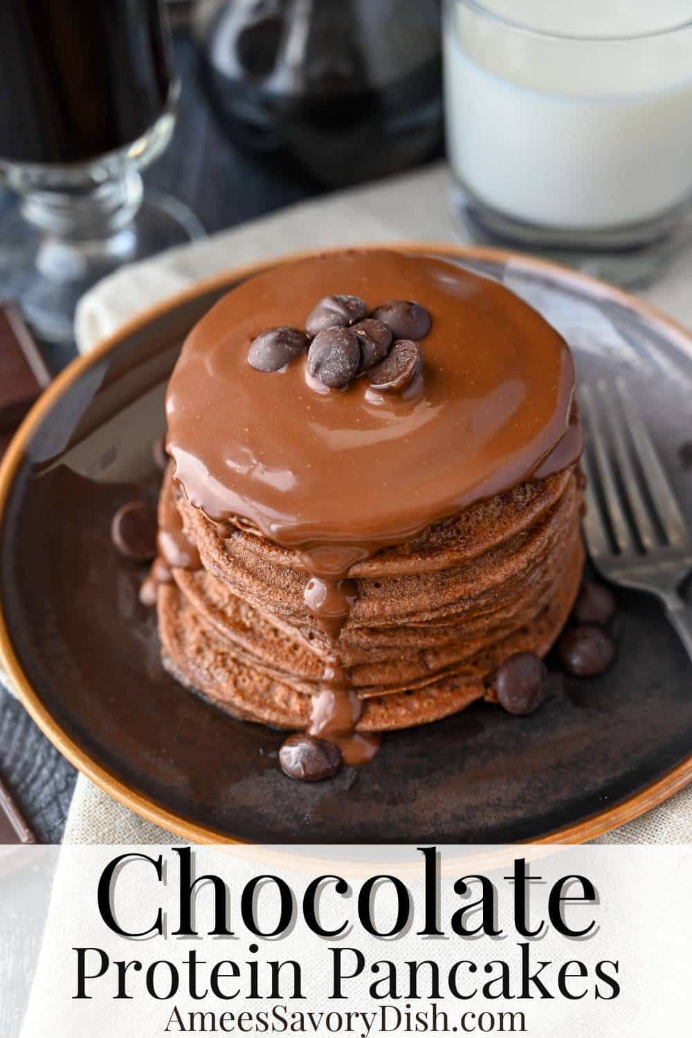 Indulge in chocolate protein pancakes –whipped up in a blender! Packed with chocolatey goodness and whey protein, they are the ultimate treat to fuel your morning! via @Ameessavorydish