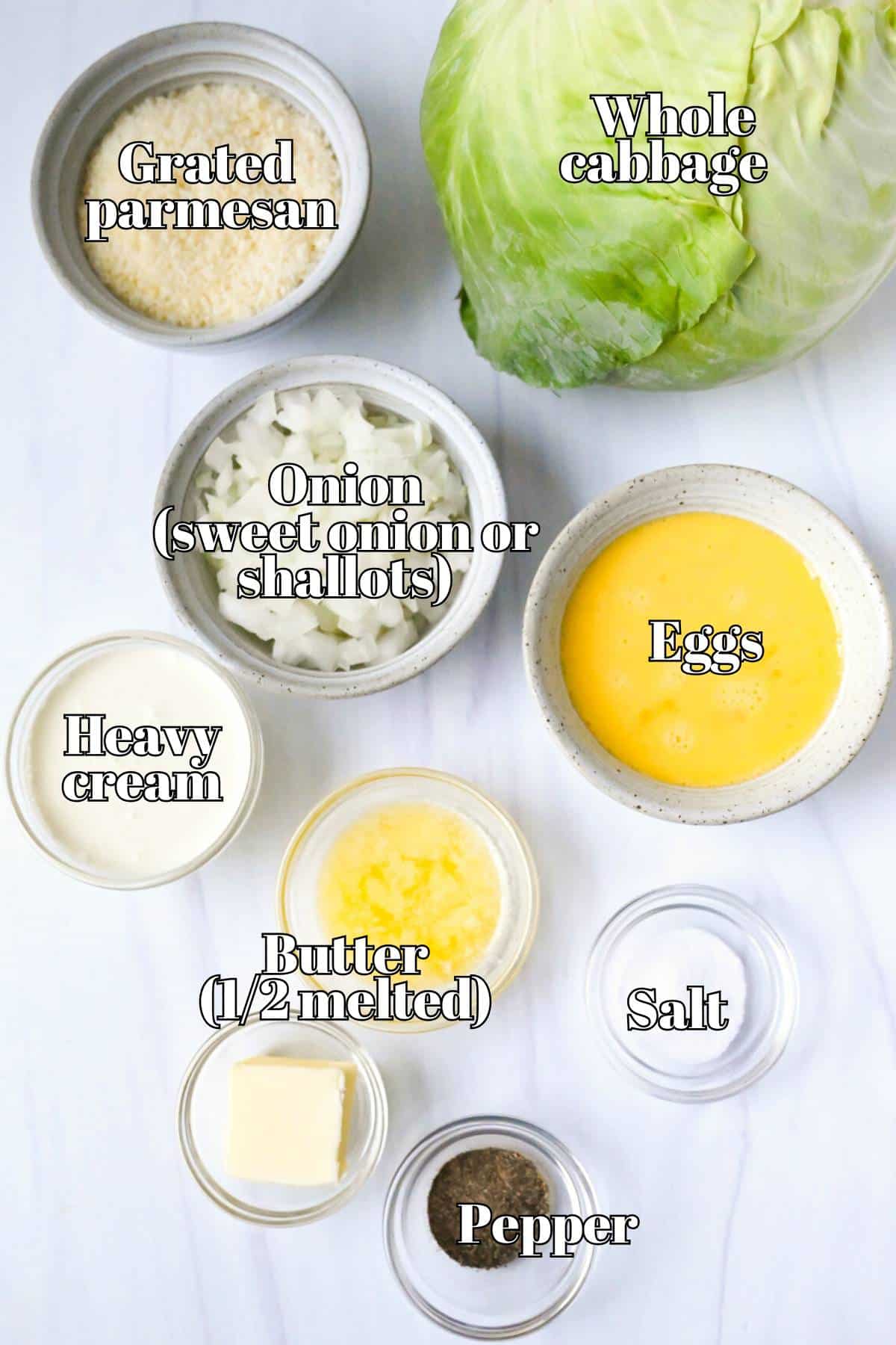 ingredients for cabbage casserole measured out on a counter