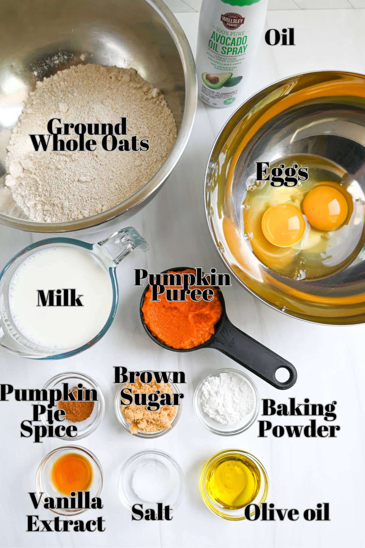 ingredients for pumpkin oat flour pancakes measured out on a counter