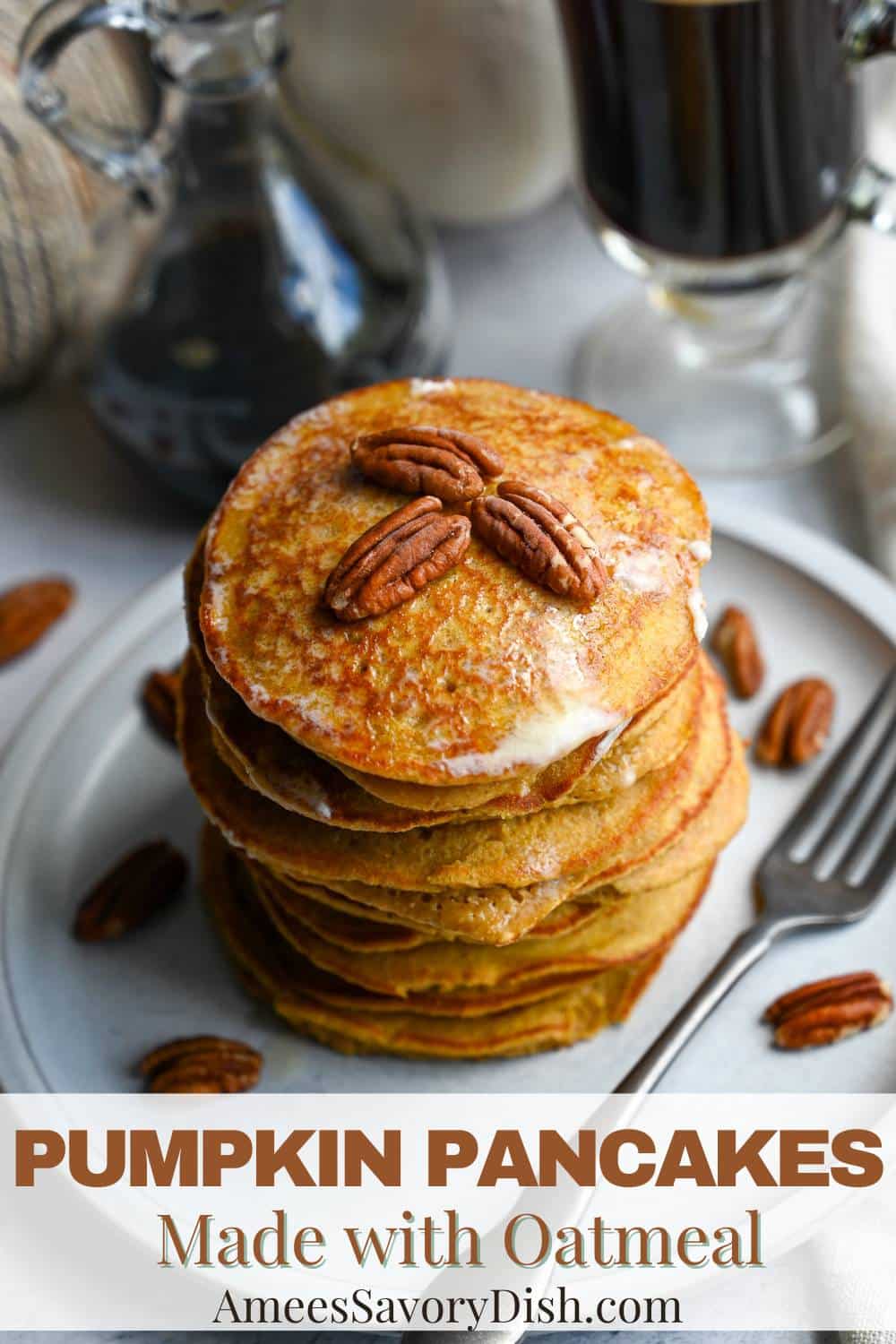 These pumpkin pancakes are wholesome and delicious using canned pumpkin and oat flour ground from whole oats. via @Ameessavorydish