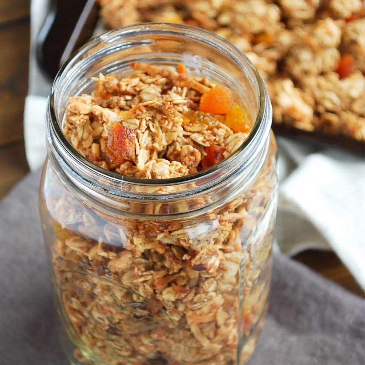 close up of a jar of homemade granola