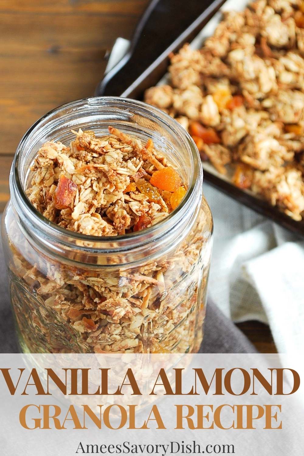 This homemade Vanilla Almond Granola is quick, easy, and delicious. Vanilla-flavored oats, almonds, coconut, apricots, and raisins baked into the perfect sweet and crunchy snack. Gluten-free option included. via @Ameessavorydish
