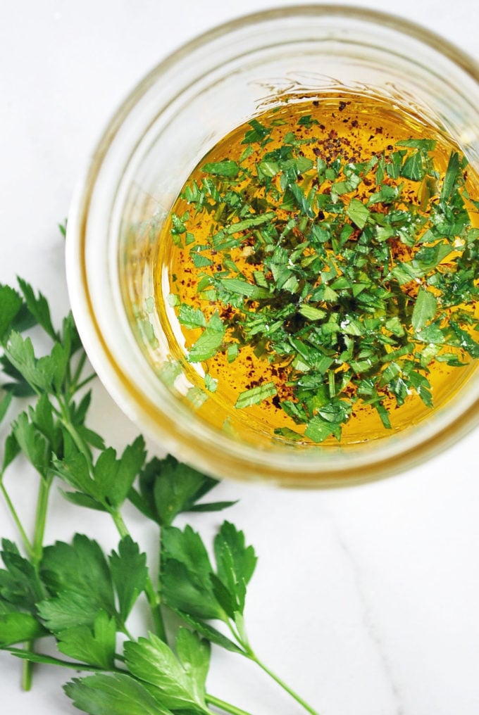 white wine vinaigrette dressing made with honey and herbs for roasted vegetable salad